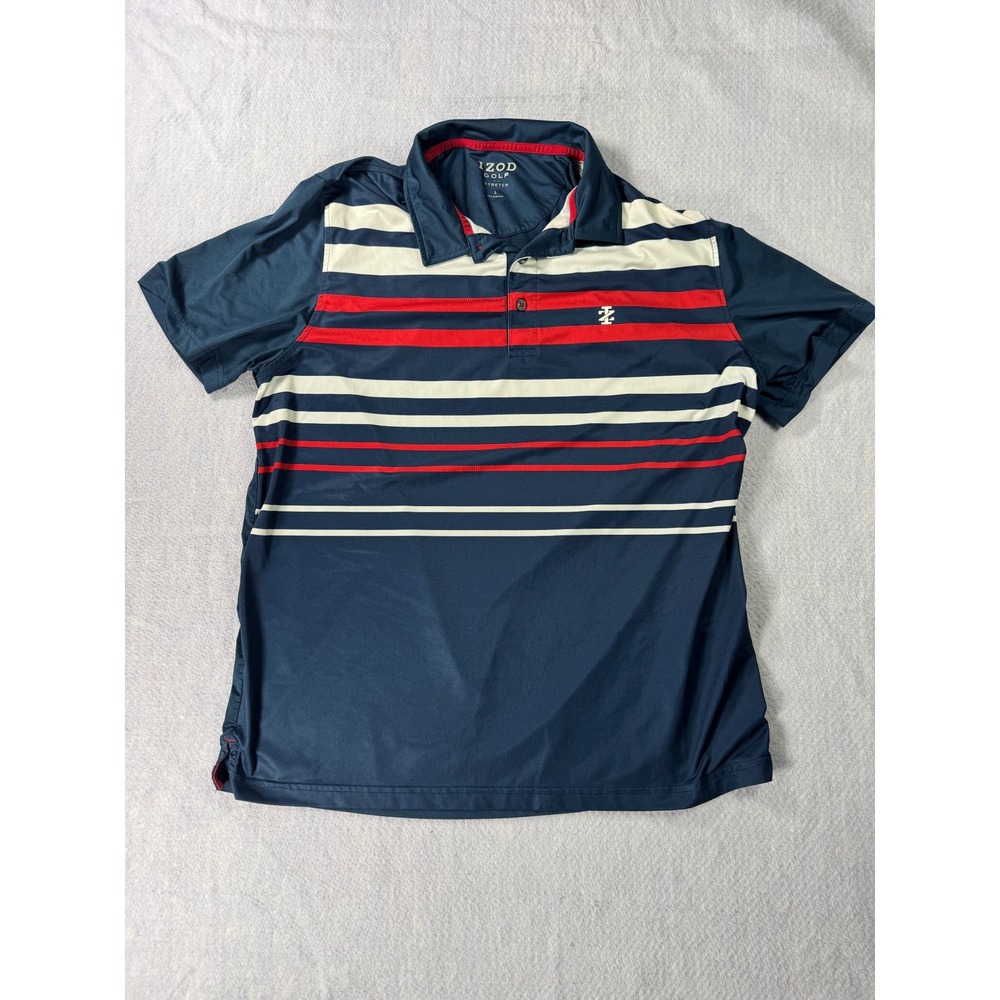 IZOD Golf Mens Large Navy Blue Red White Striped Stretch Short Sleeve Polo Shirt